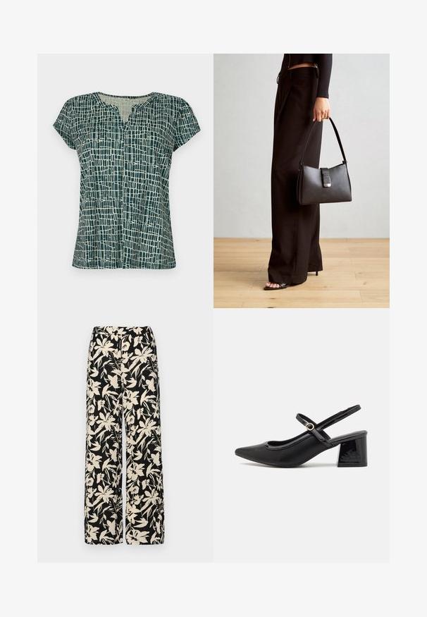 Kurzarm-Oberteil in Dunkelgrün mit einem abstrakten, hellen Gittermuster, das über einen V-Ausschnitt und einen lockeren Schnitt verfügt. Weicher Stoff.; Schwarze weit geschnittene Hose mit einem cremefarbenen Blumenmuster. Hergestellt aus leichtem Stoff, mit einer glatten Textur und einem hohen Bund.; Schwarze Lackleder-Slingback-Absätze mit spitzer Zehenform, einem runden Ausschnitt-Design und einem Blockabsatz. Mit einem goldfarbenen Schnallenakzent.; Schwarze Handtasche mit strukturierter Form, glatter Textur und einem metallischen Verschluss. Kombiniert mit weiten schwarzen Hosen und offenen Sandalen auf einem Holzboden.