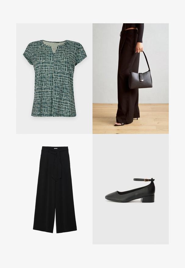 Kortermet topp i mørkegrønn med et abstrakt lysfarget rutemønster, med V-hals og avslappet fasong. Myk stofftekstur.; Svart vide bukser med teksturert stoff, elastisk midje og avtagbart belte som gir justerbar passform.; Sorte skinnpumper med spiss tå og lav blokkhelt. Har ankelrem med gullfarget spenne. Glatt tekstur.; Svart håndveske med strukturert form, jevn tekstur og metallisk lås. Kombinert med brede svarte bukser og sandaler med åpen tå på tregulv.