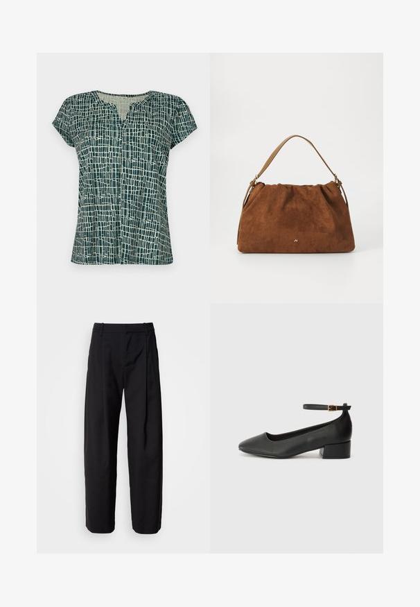 Kurzarm-Oberteil in Dunkelgrün mit einem abstrakten, hellen Gittermuster, das über einen V-Ausschnitt und einen lockeren Schnitt verfügt. Weicher Stoff.; Schwarze Hosen mit lockerer Passform, gefaltetem Bund und Gürtelschlaufen. Glattes Material und gerade Beine mit seitlichen Taschen.; Schwarze Lederpumps mit spitzem Zehenbereich und niedrigem Blockabsatz. Mit einem Knöchelriemen und einer goldfarbenen Schnalle. Glatte Textur.; Braune Wildlederhandtasche mit einem gerafften Design, ausgestattet mit einem einzelnen hellbraunen Ledertragegurt und einem subtilen goldenen Logo-Detail auf der Vorderseite.