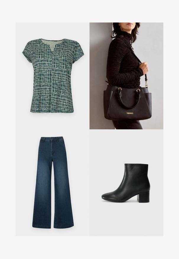 Short-sleeve top in dark green with an abstract light-colored grid pattern, featuring a V-neck and a relaxed cut. Soft fabric texture.; Dark blue high-waist wide-leg denim jeans with front pockets and belt loops on a white background.; Black leather ankle boots with a pointed toe and a chunky heel. Smooth texture with minimal accents and a sleek, fitted design.; Black handbag with textured surface, dual top handles, and adjustable shoulder strap. Features gold-tone hardware and side pockets.