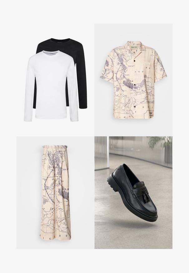 Kaksi pitkähihasta paitaa, yksi musta ja yksi valkoinen, puuvillasta valmistettuja, pyöreäkaula-aukolla ja sileällä pinnalla, esillä pinoamalla.; Lyhythempärinen paita vaaleanbeigeistä kankaasta, jossa on tummansinisellä karttakuva, klassinen kaulus ja etutasku.; Housut leveillä lahkeilla, joissa on merikarttatulostus tummansinisenä beige-taustalla. Vyötärössä on laskoksellisia yksityiskohtia ja rento istuvuus.; Mustat nahkaiset loafersit, joissa on sileä pinta, koristeellinen hapsu, paksu kumipohja ja ommellut yksityiskohdat. Kevyt ja virtaviivainen muotoilu.
