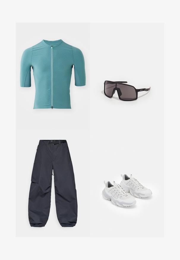 Maglia da ciclismo a manica corta in tessuto azzurro chiaro testurizzato con zip frontale, caratterizzata da un collo rotondo e una vestibilità aderente.; Pantaloni cargo grigi scuri realizzati in un materiale morbido e resistente. Presentano una vestibilità ampia e comoda, numerose tasche e una cintura in vita per la regolazione.; Scarpe da ginnastica bianche con una parte superiore in rete, dettagli grigi, suola in gomma testurizzata e linguette sul tallone; presentano un design con lacci.; Occhiali da sole rettangolari neri con lenti scure, montatura larga e bracci sottili neri. Presentano un logo sulle astine. Texture liscia.