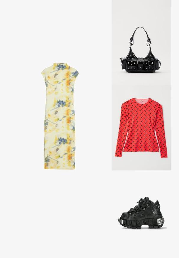 MARINE SERRE MOON CREWNECK - Långärmad tröja - red; Blommig klänning i mjukt tyg; har blandade färger av gult, blått och grått; korta ärmar, hög halsringning och figurnära silhuett.; Svart lädersneaker med tjockgummisula och metalliska accenter. Har rund snörning och en förstärkt tådel markerad med silverdetaljer.; Svart läderhandväska med en kurvad design, prydd med silverfärgade nitar, ett spänne och två sidofickor. Justerbar rem för olika bäralternativ.