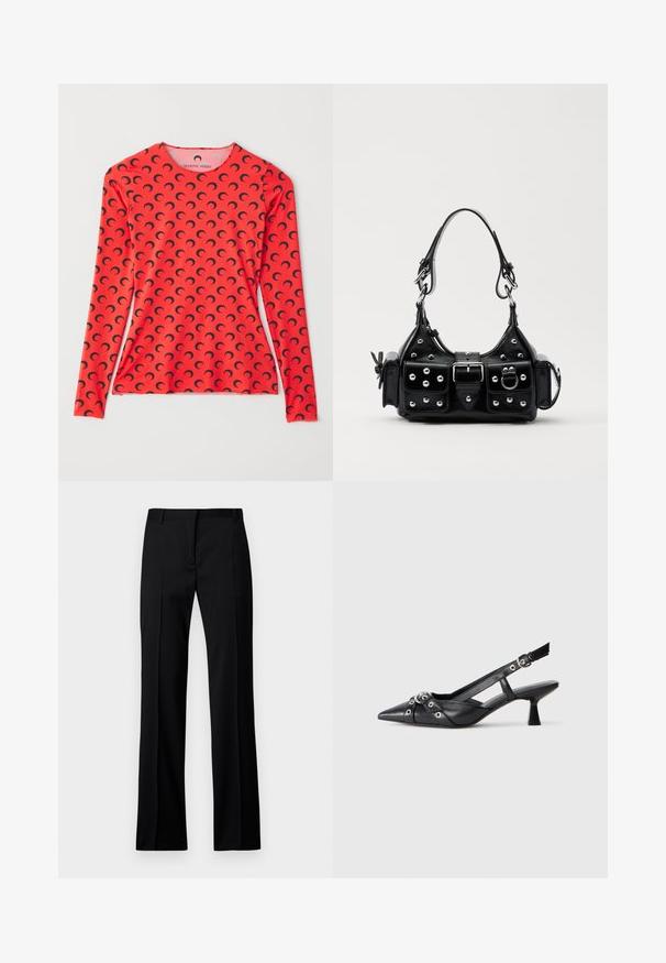 MARINE SERRE MOON CREWNECK - Long sleeved top - red; Black straight-leg trousers in smooth fabric, featuring a flat front, belt loops, and no visible pockets or embellishments.; Black leather slingback shoe with a pointed toe, decorative straps featuring metal eyelets, and a low block heel. Textured surface.; Black leather handbag with a curved design, featuring silver studs, a buckle, and two side pockets. Adjustable strap for carrying options.