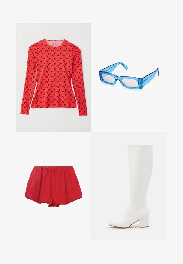 MARINE SERRE MOON CREWNECK - Langarmshirt - red; Rote, leichte Shorts mit dehnbarem Bund. Sie verfügen über ein lockeres, ausladendes Design und gerafftes Material für eine bequeme Passform.; Weiße kniehohe Stiefel mit einer glatten, glänzenden Oberfläche. Quadratischer Blockabsatz und dezente Nahtdetails an der Seite.; Blaue, transparente, rechteckige Sonnenbrille mit einem dicken Rahmen, leicht gebogenen Bügeln und hellen Gläsern. Mit subtilen Markendetails.