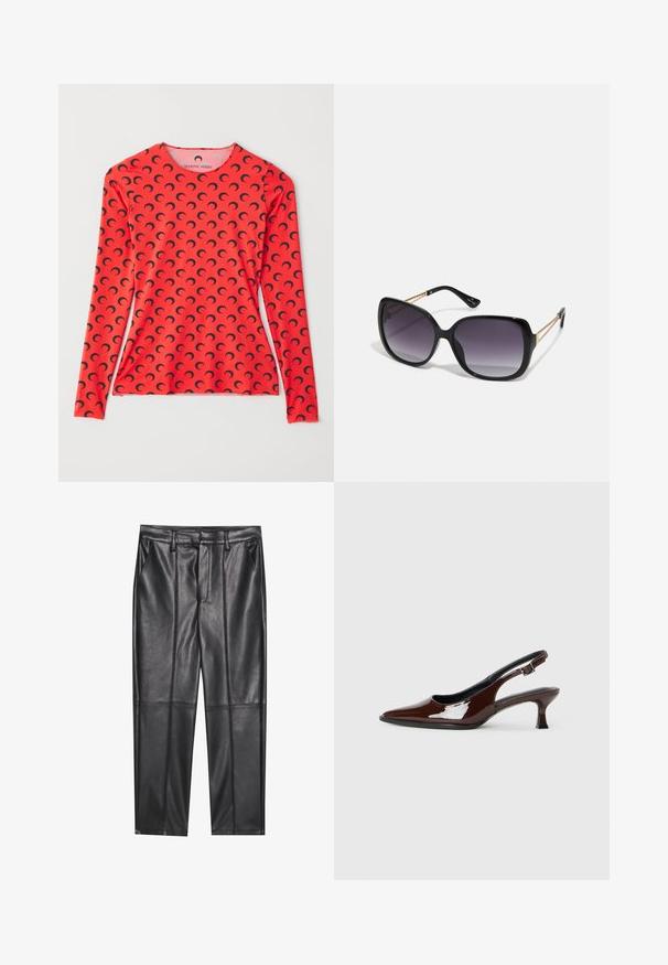 MARINE SERRE MOON CREWNECK - Hosszú ujjú felső - red; Fekete bőrnadrág sima textúrával, egyenes szabással, két elülső zsebbel és látható varrás részletekkel.; Barna lakkbőr slingback cipő hegyes orral és mérsékelt sarkal. Biztonságos illeszkedést biztosító csattal rendelkezik. Sima textúra.; Fekete, oversize napszemüveg fokozatos árnyalatú lencsékkel, vastag kerettel és arany színű lánc díszítéssel a szárakon.