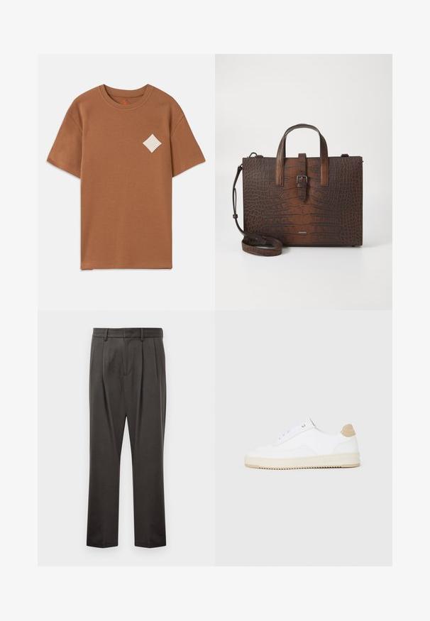 Bruine katoenen T-shirt met korte mouwen, een ronde halslijn en een wit diamantlogo op de linkerborst.; Donkergrijze broeken van een textuurstof, met een vlakke voorkant, plooien, rechte pijpen en riemlussen. Geen zichtbare hardware of patronen.; Witte lage sneakers van textuurleer met een romige, ribbelige zool en een tankleurige hakaccent. Voorzien van witte veters en logodetail op de hak.; Bruine handtas van krokodillenleer met reliëf, voorzien van bovenhandgrepen en een afneembare schouderband. Bevat een gespsluiting en heeft een rechthoekige vorm.