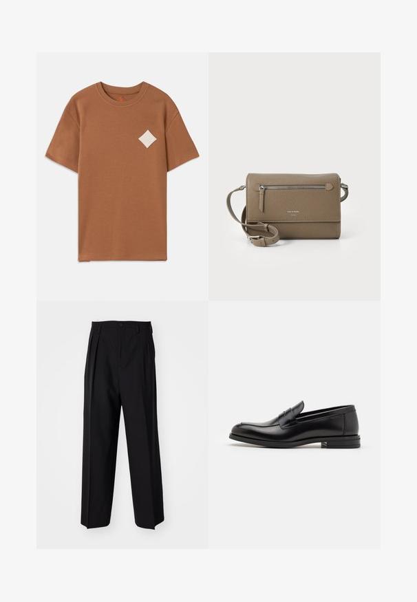 Hnedé bavlnené tričko s krátkymi rukávmi, okrúhlym výstrihom a bielou diamantovou nášivkou na ľavej hrudi.; Čierne skladané nohavice s rovnom, širokým strihom. Vyrobené z hladkého materiálu, s gombíkovým zapínaním a pútkami na opasok.; Čierne kožené mokasíny s hladkou textúrou, zaoblenou špičkou a dekoračným pásikom cez priehlavok. Nízky vrstvený opätok, minimalistický dizajn.; Taupe kožená crossbody taška so zipsovým predným vreckom, nastaviteľným popruhom, textúrou z granitového kameňa a embosovaným logom na prednej strane.