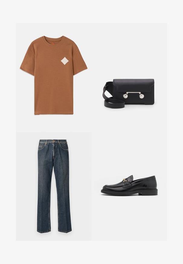 Rjava bombažna majica s kratkimi rokavi, okroglo ovratnikom in belim logotipom v obliki diamanta na levi prsni strani.; Temno modri traper hlače ravnega kroja z gumbom spredaj, zadrgo, dvojnimi sprednjimi žepi in vidnimi navpičnimi gubami po nogah.; Črne usnjene loafers čevlje z zaobljenim prstom, ki imajo zlat nakit in podrobnosti šivanja, postavljene na nizko, teksturirano gumijasto podplat.; Črna usnjena torbica za čez ramo z zapiranjem na preklop, srebrnimi dodatki in dvema okroglima okrasoma. Ima snemljiv trak. Gladka tekstura.