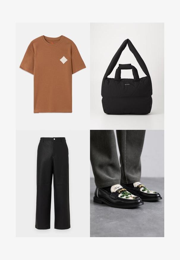 Maglietta in cotone marrone a maniche corte, con scollatura rotonda e un patch con logo a diamante bianco sul lato sinistro del petto.; Pantaloni a gamba larga in ecopelle nera con una finitura leggermente texture. Presentano tasche frontali e una vita liscia con chiusura a bottone.; Mocassini neri in pelle con una parte superiore decorativa in tessuto verde e bianco. Presentano un'accento in catena dorata e una suola nera textured.; Borsa nera imbottita con una larga tracolla morbida e manico superiore. Caratterizzata da una chiusura con zip e un discreto logo sul davanti.