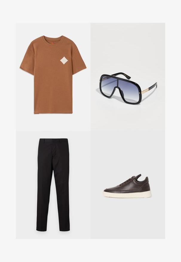 Bruine katoenen T-shirt met korte mouwen, een ronde halslijn en een wit diamantlogo op de linkerborst.; Zwarte broek van een gladde, lichte stof. Heeft een rechte snit, riemlussen en een vlakke voorkant met een ritssluiting.; Donkerbruin gestructureerd leren sneaker met vetersluiting en een witte gegroefde rubberen zool tegen een effen lichte achtergrond.; Overmatige zwarte zonnebril met een vervagende paarse lens, glanzende afwerking en gouden accenten op het oortje. Rechthoekig frame.