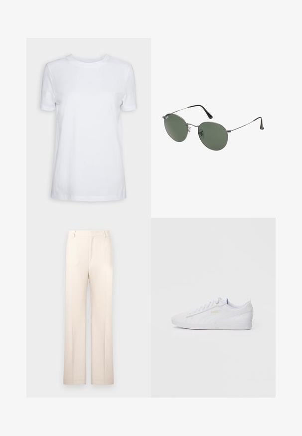 Bela kratka majica s kratkimi rokavi, izdelana iz bombaža. Oblika s krožnim izrezom, gladka tekstura brez vidnih vzorcev ali poudarkov. Osnovni stil.; Bež hlače na mere s ravnimi nogavicami, izdelane iz lahkega materiala. Imajo sprednje gube in klasičen pas.; Bela nizka Puma športna obutev z vezalkami spredaj, diskretnim logotipom na strani in podplatu ter gladkim sintetičnim zgornjim delom, primerna za vsakodnevno nošenje.; Sončna očala z ovalnimi zelenimi lečami v kovinskem okvirju. Tanjši srebrni kovinski okvir in črne ušesne konice. Minimalistična zasnova, brez vidnih logotipov.