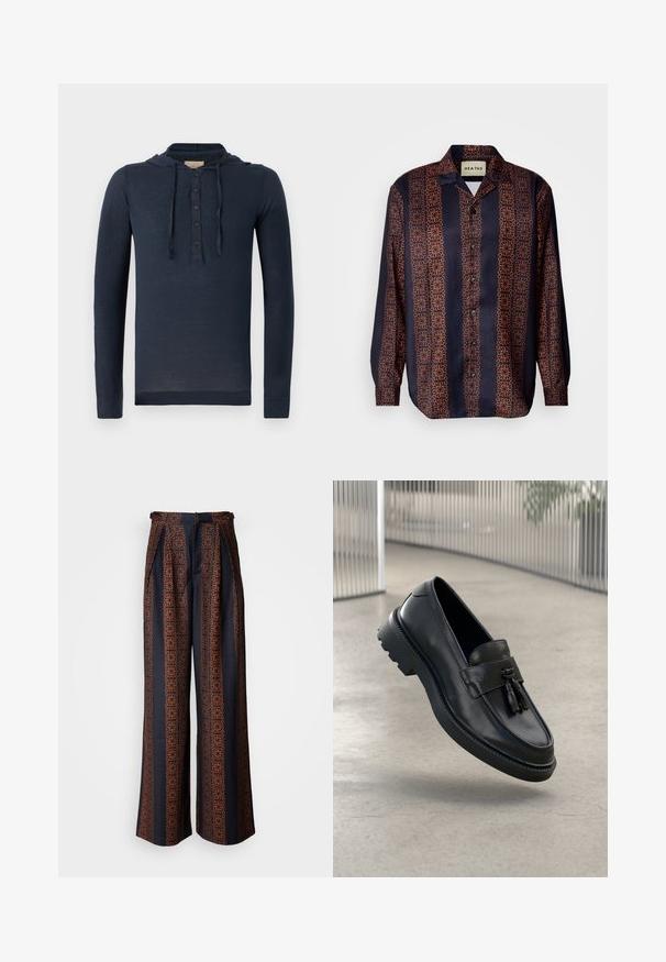 Navy blå langermet hettegenser med knappestuk og snor, lett og noe gjennomsiktig stoff.; Marineblå skjorte med knappelist og et blomstergeometrisk mønster i nyanser av oransje. Har krage og lange ermer med knapper på mansjettene.; Vide benbukser i mørkeblå stof med et indviklet orange geometrisk mønster, med plisseret front og en tætsiddende talje. ; Svarte skinnloafers med jevn finish, dekorativ dusk, tykk gummisåle og syede detaljer. Lettvektig og elegant design.