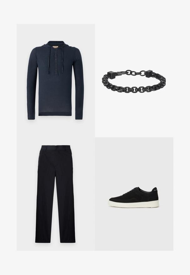 Navy blå langermet hettegenser med knappestuk og snor, lett og noe gjennomsiktig stoff.; Sorte bukser med lett og teksturert stoff, rett ben-design, elastisk midjebånd og sidelommer med glidelås.; Svart semsket sneakers med snøring og kontrasterende hvit gummisåle. Har teksturerte sidepaneler og subtil merkevare på hælen.; Svart metall kjedearmbånd med sammenkoblede lenker, firkantede detaljer og en jevn overflate. Justerbar design for optimal passform.