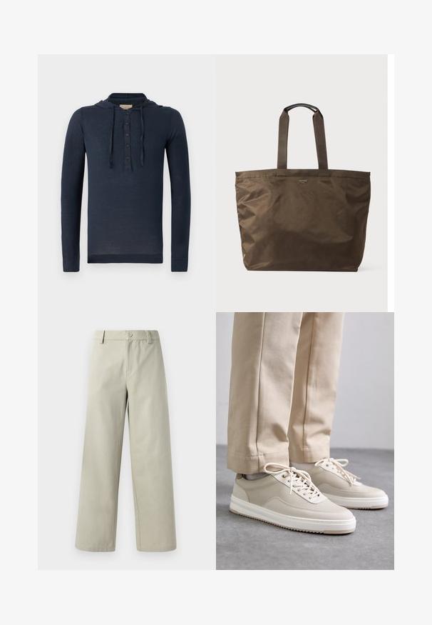 Tengerészkék, hosszú ujjú, kapucnis ing, gombos gallérral és húzózsinórral, könnyű és enyhén áttetsző anyagból.; Han Kjøbenhavn WIDE LEG - Nadrágok - light grey; Beige sportcipők textúrált felsőrésszel, fehér talpakkal és varrott részletekkel, bézs nadrággal párosítva, szürke felületen bemutatva.; Barna nylon tote táska, két szövet fogantyúval és sima textúrával. Elöl minimális márkázás található.