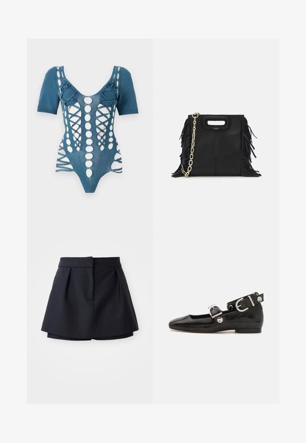 Blue knit bodysuit with short sleeves, featuring cutouts, lacing details, and circular patterns on the front. Textured fabric.; Navy pleated shorts with a high waist, made from smooth fabric. Features a fitted design and hidden front pocket.; Black patent leather flat shoe with a squared toe, ankle strap featuring silver hardware, and flat sole. Smooth texture with minimalist design.; Black leather handbag with fringe details, gold chain shoulder strap, and a cut-out handle. Features logo placement on the front.