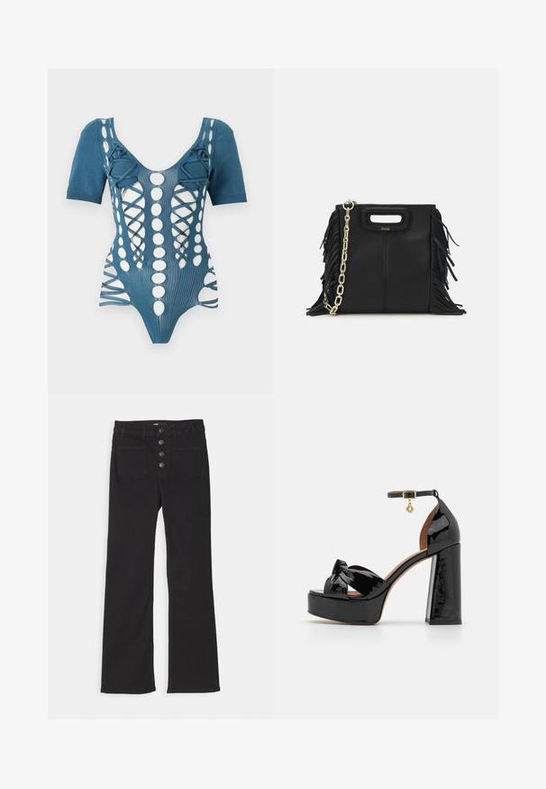 Modrý pletený body s krátkým rukávem, zdobený výřezy, šněrovacími detaily a kulatými vzory na přední straně. Texturovaná tkanina.; Černé zvonové džíny s vysokým pasem, designem s pěti kapsami a předním zapínáním na čtyři kovové knoflíky.; Maje Sandály na vysokém podpatku - noir; Černá kožená kabelka s třásněmi, zlatým řetízkovým ramenním popruhem a rukojetí s výřezem. Na přední straně se nachází logo.