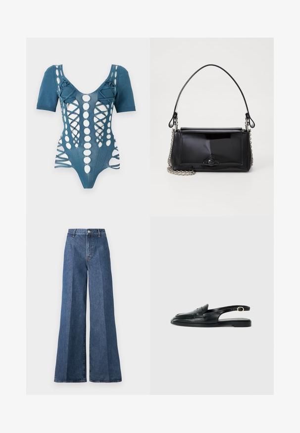 Sinine kudumine bodysuit lühikeste varrukatega, millel on lõiked, nööri detailid ja ringsed mustrid ees. Tekstureeritud kangas.; Laiad sinised denimpüksid kõrge vöökohtusega, klassikalise viie taskuga ja nööpkinni, valmistatud tekstureeritud puuvillakangast.; Must hirmav Nahast slingback king, millel on ümar varvas, tasane tald, külgvelle lõhe ja riba, millel on kuldne detail.; Mustmust mustkott mustmust mustkott, millel on ristkülikukujuline kuju, kettstrap ja silmapaistev viimistlusaktsent keskel. Sile tekstuur.
