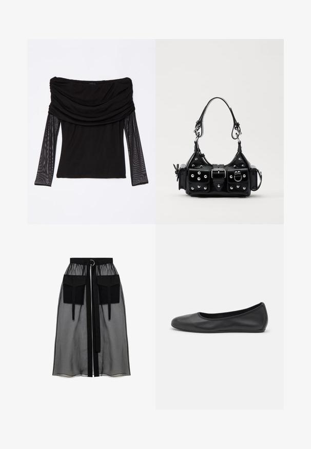 The Kooples Hosszú ujjú felső - black; Fekete áttetsző szoknya ráncolt derékrésszel, két nagy elülső zsebbel, derékpánttal és kör alakú fém díszítéssel.; Fekete bőr balettcipő lekerekített orral, sima tekstúrával, minimális varrással és rugalmas talp kialakítással.; Fekete bőr kézitáska ívelt designnal, ezüst szegecsekkel, csattal és két oldalsó zsebbel. Állítható vállpánt a hordozási lehetőségekhez.