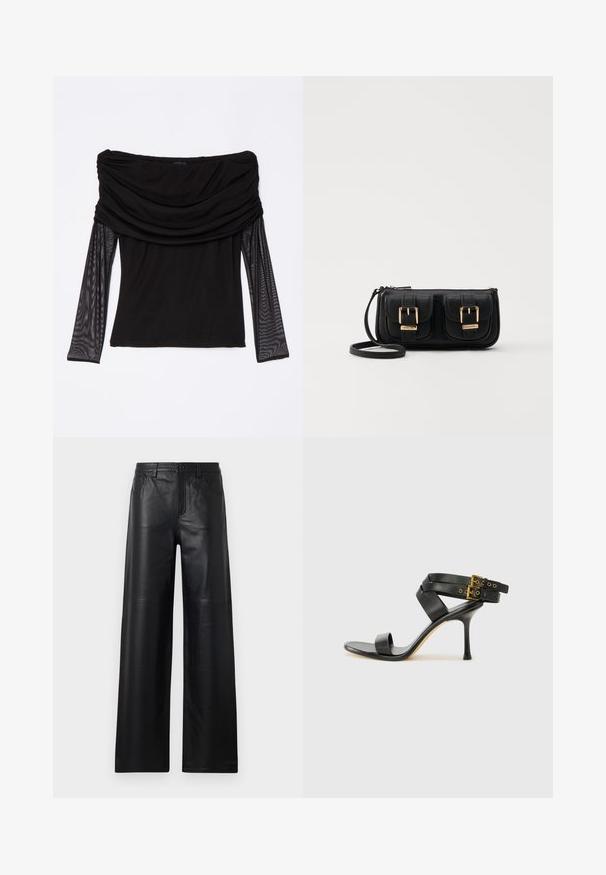 The Kooples Maglietta a manica lunga - black; Pantaloni in pelle nera a gamba larga con una texture liscia, dotati di tasche frontali, chiusura a bottone e dettagli di cucitura sottili.; Sandal nero con tacco a spillo, straps incrociati e fibbia regolabile. Presenta una texture liscia e un tacco affusolato.; Borsa a tracolla nera in pelle con due tasche frontali, fibbie dorate, chiusura con zip e una tracolla sottile. Superficie texturizzata e forma rettangolare compatta.