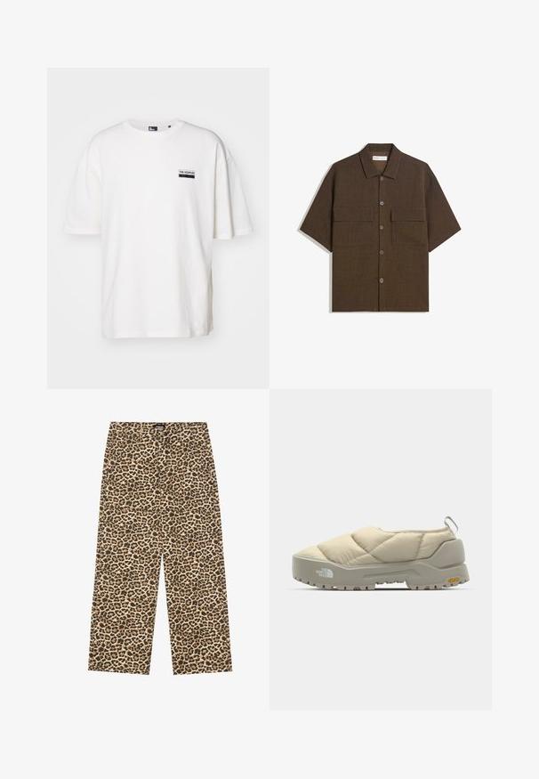 Hvid bomulds t-shirt med et afslappet fit, rund halsudskæring og korte ærmer. Har et lille sort mærke på venstre bryst.; Kortærmet, mørkebrun skjorte lavet af tekstureret stof. Har en knaplukning foran og to brystlommer. Casual design med en afslappet pasform.; YOURTURN UNISEX - Jeans Relaxed Fit - beige/black; Quilted beige slip-on sko med grå Vibram sål, rund form og bageste løkke. Har logo på siden og struktureret overflade.