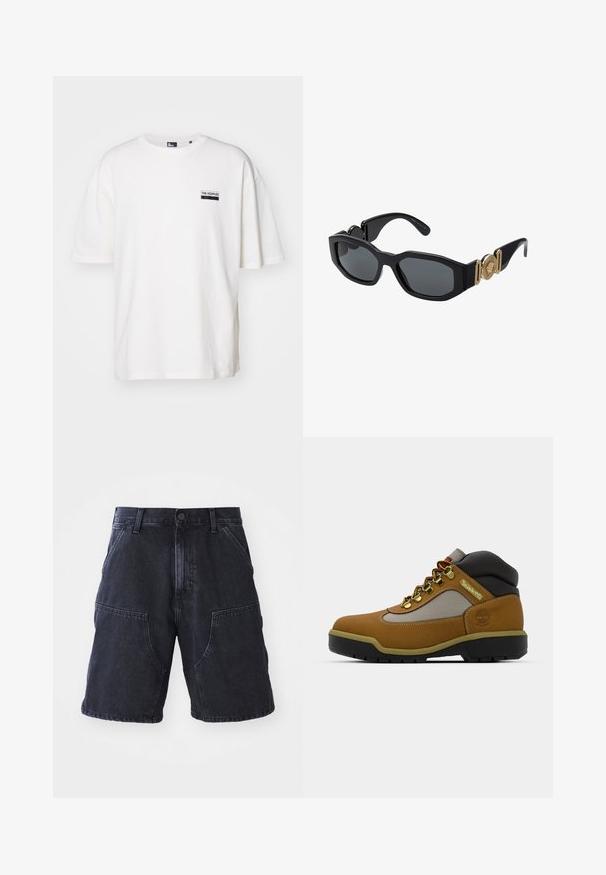 White cotton t-shirt with a relaxed fit, round neckline, and short sleeves. Features a small black label on the left chest.; Dark denim shorts featuring a straight cut, large front pockets, and a button closure; smooth texture and minimal stitching details.; Brown hiking boot with gray and black accents, textured leather upper, metal eyelets, and a rugged rubber sole for traction.; Black sunglasses with a chunky geometric frame, dark lenses, and gold metal accents on the temples featuring a round emblem detail.