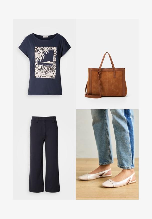 Navy blue cotton t-shirt featuring a cream-colored graphic of waves and palm leaves within a decorative border. Smooth texture, short sleeves.; Wide-leg trousers in dark navy fabric. Features a flat front, belt loops, and side pockets. The material is smooth with a slight stretch.; Pale pink slingback flats with a pointed toe, made from a smooth leather-like material. Features cut-out details at the sides and a flat heel.; Brown suede tote bag with leather accents, featuring two handles, a detachable shoulder strap, and a simple, structured design.