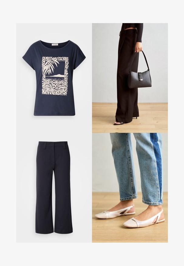 T-shirt de algodão azul-marinho com um gráfico em tom creme de ondas e folhas de palmeira dentro de uma borda decorativa. Textura suave, mangas curtas.; Calças largas de tecido azul marinho escuro. Apresentam uma frente lisa, passantes para cinto e bolsos laterais. O material é suave com um ligeiro alongamento.; Sapatilhas slingback de cor rosa pálido com bico fino, feitas de um material semelhante a couro liso. Apresentam detalhes recortados nas laterais e um salto plano.; Bolsa preta com forma estruturada, textura suave e um fecho metálico. Combinada com calças largas pretas e sandálias de salto aberto sobre um chão de madeira.