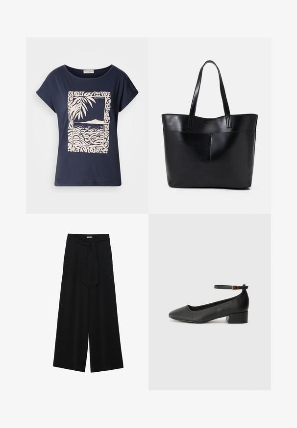 Marinblå bomull t-shirt med en krämfärgad grafik av vågor och palmblad inom en dekorativ ram. Slät textur, korta ärmar.; Svarta vida byxor med texturerad tyg, elastisk midja och en avtagbar käppknut i midjan för justerbar passform.; Svart läderpump med spetsig tå och en låg klack. Har en ankelsnodd med en guldtonad spänne. Slät textur.; Svart läder tote-väska med två långa handtag, en slät yta och en strukturerad form. Har en framficka för extra förvaring.