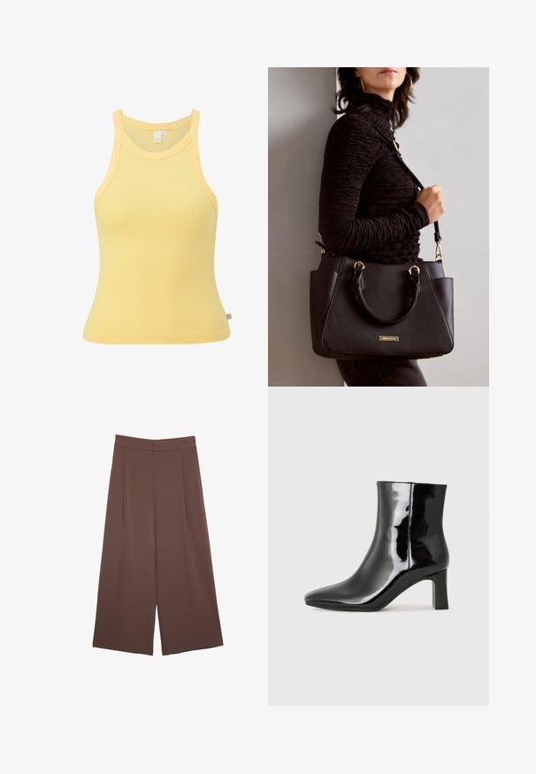 QS AUS STRETCH - Top - hellgelb; Hnedé nohavice so širokými nohavicami a hladkou textúrou, s vysokým pásom a prednými skladmi. Tkanina je ľahká a voľne sa pohybuje.; Čierne lakované členkové topánky s špicatou špičkou a stredne vysokým blokovým podpätkom. Hladká textúra a minimalistický dizajn.; Čierna kabelka s textúrovaným povrchom, dvojitými hornými rúčkami a nastaviteľným ramenným popruhom. Obsahuje zlaté kovanie a bočné vrecká.