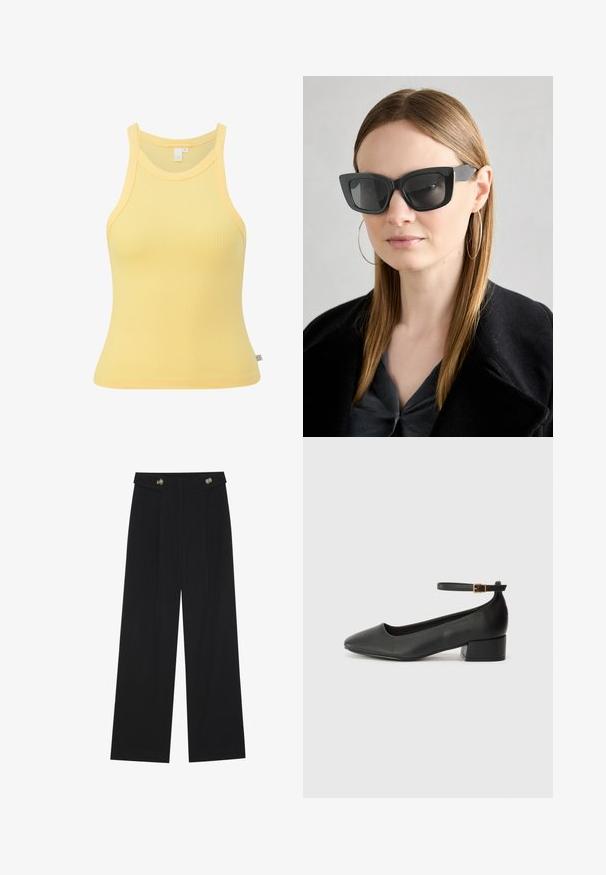 QS AUS STRETCH - Top - hellgelb; Pantaloni neri a gamba larga con vita alta, dettagli con bottoni in vita e pieghe frontali.; Pump in pelle nera con punta affusolata e tacco basso a blocco. Presenta una cinghia alla caviglia con una fibbia in tonalità oro. Texture liscia.; Occhiali da sole a forma di occhio di gatto neri con lenti scure, montatura spessa e dettagli sottili. Indossati con un cappotto nero e una maglia grigia, con capelli lunghi e lisci.