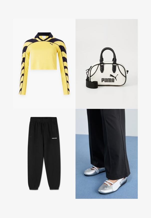 Gul kortärmad långärmad tröja med svarta accenter, en polo krage och en texturerad yta med ett dynamiskt randmönster. Puma-logotyp ingår.; Svarta sweatpants i mjukt tyg, med dragsko i midjan, tapered ben och sidofickor. "PEGADOR"-logga i vitt på framsidan.; Silver- och vita platta skor med korsade remmar och texturerad detalj, kompletterat med lösa svarta byxor. Ställt mot ett blått golv.; Vit handväska med svarta detaljer, prydd med en Puma-logotyp. Korta, rundade handtag och en avtagbar rem, tillverkad av strukturerat syntetmaterial.