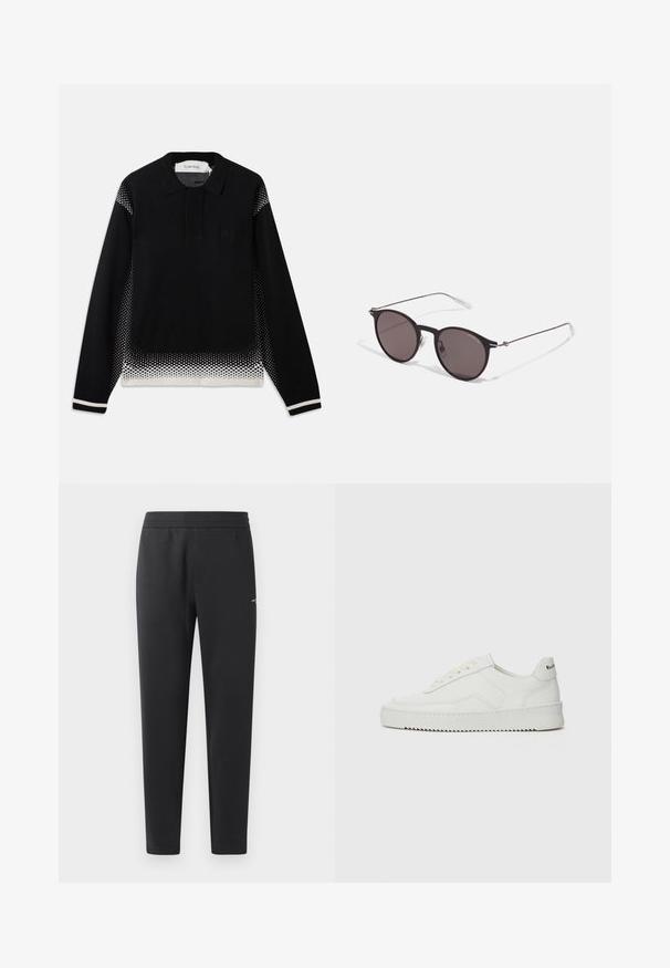 Svart langermet polotrøye med hvit prikkete gradient på sidene, nederste kant og mansjetter, med en liten brystlogo.; Sorte joggebukser laget av myk stoff, med elastisk midjebånd, rette ben og en liten logo detalj på siden.; Hvite lærersneakers med en jevn overflate, rund tå, flate lisser og en teksturert såle. Har en subtil logo på hælen.; Sorte, runde solbriller med mørke linser og slanke metalarmer. Inkluderer klare temple tips og sølvfargede detaljer ved hengslet. Minimalistisk design.