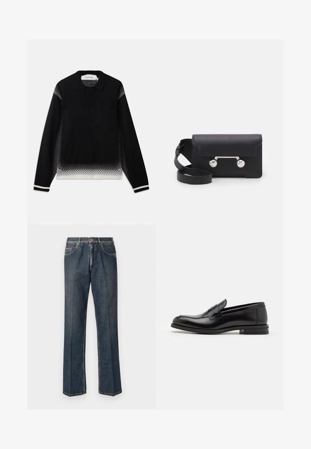 Black long-sleeve polo sweater with white dotted gradient on sides, lower hem, and sleeve cuffs, featuring a small chest logo.; Dark blue straight-leg denim jeans with front button, zip fly, double front pockets, and visible vertical creases down the legs.; Black leather loafers with a smooth texture, rounded toe, and a decorative strap across the vamp. Low stacked heel, minimalist design.; Black leather crossbody bag with a flap closure, silver-tone hardware, and two round accents. Features a detachable strap. Smooth texture.