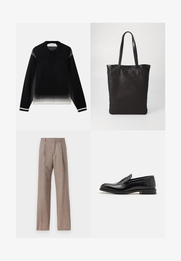 Schwarzer Langarm-Polo-Pullover mit weißem punktiertem Farbverlauf an den Seiten, am unteren Saum und an den Ärmelbündchen, mit einem kleinen Logo auf der Brust.; Braune, hochtaillierte Hose aus strukturiertem Stoff. Mit weitem Bein und zwei vorderen Bügelfalten für zusätzliche Form. Saubere Verarbeitung ohne sichtbare Hardware.; Schwarze Lederloafers mit glatter Textur, rundem Zehenbereich und einem dekorativen Riemen über dem Vorderfuß. Niedriger, gestapelter Absatz, minimalistisches Design.; Schwarze Stofftote mit schwarzen Ledergriffen. Einfaches Design, geräumiger Körper und glatte Textur. Keine sichtbaren Logos oder Muster.