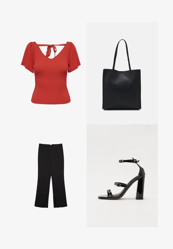 Červený pruhovaný top s výstrihom do V a krátkymi puff rukávmi. Má zaväzovanie na zadnej strane a priliehavý strih. Hladká textúra.; Čierne nohavice so strihom rovného strihu, s prednými vreckami a bočnými rozparkami na leme. Vyrobené z mäkkej, hladkej tkaniny. Vhodné na rôzne príležitosti.; Čierne lakované sandále na podpätku so štvorcovou špičkou, navlečenými remienkami okolo členku a striebornými prackami. Disponujú masívnym blokovým podpätkom pre stabilitu.; Čierna kožená taška na rameno s hladkým povrchom, obdĺžnikovým tvarom a dvoma dlhými uchami. Bez viditeľného kovania alebo ozdôb.