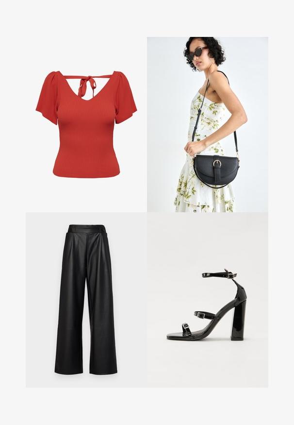 Rødt ribbet topp med V-hals og korte puffermer. Har en knytelukking bak og en tettsittende silhuett. Glatt tekstur.; Svarte, vide bukser laget av lær, med høy midje, folder og to sirkulære knapper foran for lukking.; Svart høyglans sandaler med hæl, firkantet tå, ankelremmer og sølvspenner. Har en kraftig blokkhæl for stabilitet.; Svart lærveske med en buet form, avtagbar stropp og gullbeslag. Vesken har et klaff med spenne-detall.