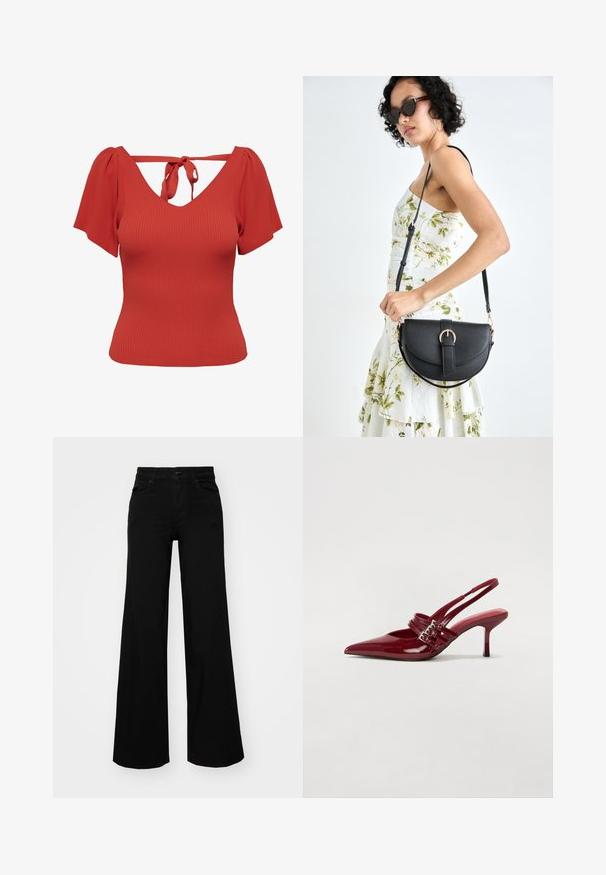 Raudona raibota palaidinė su V formos kaklu ir trumpomis pūsto rankovėmis. Yra juostos užsegimas gale ir prigludusi silueto forma. Lygi tekstūra.; Juodos plačios kelnės iš denimo, turinčios struktūruotą juosmenį, diržo kilpas ir priekines kišenes. Lygus paviršius su klasikinio dizaino elementais.; Raudoni blizgūs odiniai bateliai su atviru kulnu, smailiu nosiu, dviem užsegimais ir plonu, vidutinio aukščio stiletto kulnu. Lygus paviršius.; Juodas odinis krepšys su išlenkta forma, nuimamu dirželiu ir auksiniais detalėmis. Krepšys turi kilpą su sagtimi.