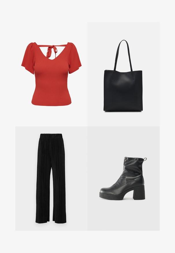 Red ribbed top with a V-neck and short puff sleeves. Features a tie closure at the back and a fitted silhouette. Smooth texture.; Black pleated trousers with an elastic waistband. Features wide legs and a smooth, textured fabric with vertical stripes.; Black ankle boots made of smooth leather, featuring a side zipper, chunky textured heel, and rounded toe design.; Black leather tote bag with smooth texture, rectangular shape, and two long handles. No visible hardware or embellishments.