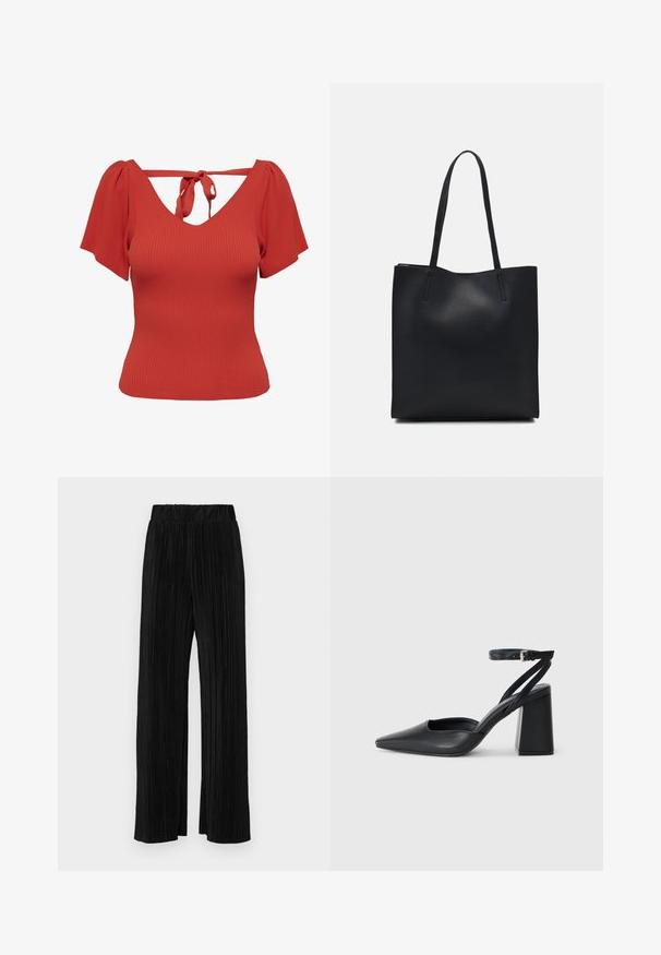 Czerwona bluzka z prążkowanej tkaniny, z dekoltem w kształcie litery V i krótkimi bufkami. Posiada zapięcie na wiązanie z tyłu oraz dopasowany krój. Gładka faktura.; Czarne spodnie plisowane z elastycznym paskiem w talii. Posiadają szerokie nogawki oraz gładki, teksturowany materiał z pionowymi paskami.; Czarne skórzane czółenka z ostrym noskiem, z paskiem na kostce i grubym obcasem. Gładka faktura, elegancki design i minimalistyczna estetyka.; Czarna skórzana torba tote o gładkiej fakturze, prostokątnym kształcie i dwóch długich uchwytach. Brak widocznych elementów metalowych i ozdób.