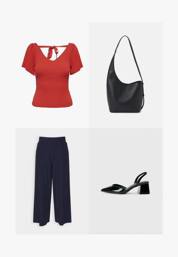 Top vermelho canelado com decote em V e mangas curtas bufantes. Apresenta um fecho de laço nas costas e uma silhueta justa. Textura suave.; Calças largas em tecido azul-marinho escuro com uma textura ribada. Apresenta uma cintura suave e uma silhueta fluida, atingindo o comprimento até metade da panturrilha.; Sandy em verniz preto com salto slingback, ponta afilada e salto geométrico. Apresenta um design elegante e minimalista com textura suave.; Saco hobo preto em pele com uma textura lisa, forma curva e uma única alça ajustável; apresenta uma abertura larga na parte de cima.