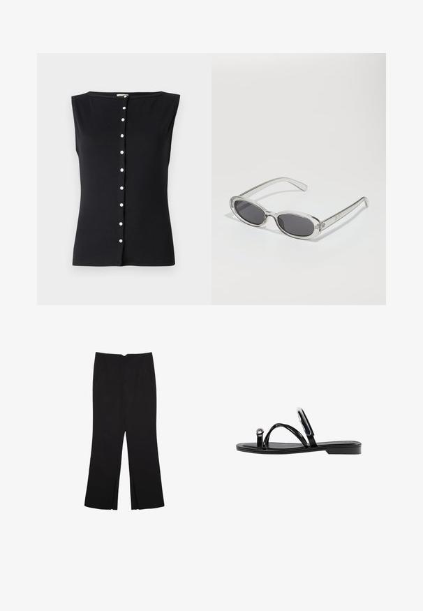 Crni bezrukavni top od rebrastog materijala, s okruglim izrezom i dugmadi sprijeda, bijelim dugmadi niz sredinu.; Crne hlače ravnog kroja, s prednjim džepovima i bočnim prorezima na rubu. Izrađene od mekog i glatkog materijala. Pogodne za razne prigode.; Crne ravne sandale s sjajnom završnom obradom, tri tanke trake i kružna metalna detalj na prstu. Elegantni dizajn s minimalnim potplatom.; Naočale u ovalnom obliku, okvir od prozirne plastike, tamno sivi leće i tanke prozirne ručke s logotipom i minimalnim detaljima.