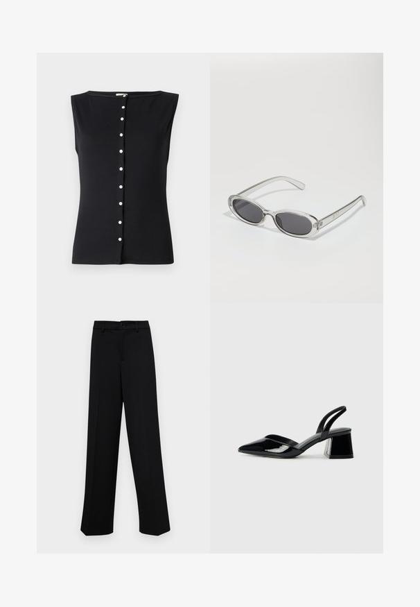 Top sans manches noir en tissu côtelé, avec un col rond et une fermeture à boutons blancs au centre.; Pantalons larges noirs en tissu lisse, avec une taille classique à fermeture à bouton et des plis sur le devant.; Escarpins en cuir verni noir avec bout pointu et talon bloc géométrique. Présente un design élégant et minimaliste ainsi qu'une texture lisse.; Lunettes de soleil de forme ovale, monture en plastique transparent, verres gris foncé et branches transparentes fines avec des accents de logo et un minimalisme dans les détails.; Sac à main en cuir noir avec une forme courbée, bandoulière amovible et des accessoires en or. Le sac est doté d'un rabat avec un détail de boucle.