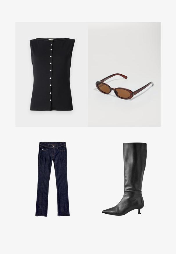Top sans manches noir en tissu côtelé, avec un col rond et une fermeture à boutons blancs au centre.; Jean en denim bleu foncé avec une coupe droite, dotée d'une fermeture à bouton à l'avant, de cinq poches et de coutures visibles le long des coutures.; Bottes en cuir noir, montantes, à bout pointu et petit talon block, présentant une texture lisse et une silhouette épurée.; Lunettes de soleil rondes teinte brun avec une monture bordeaux brillante. Branches fines avec un détail de marque subtil. Design de verres plats.