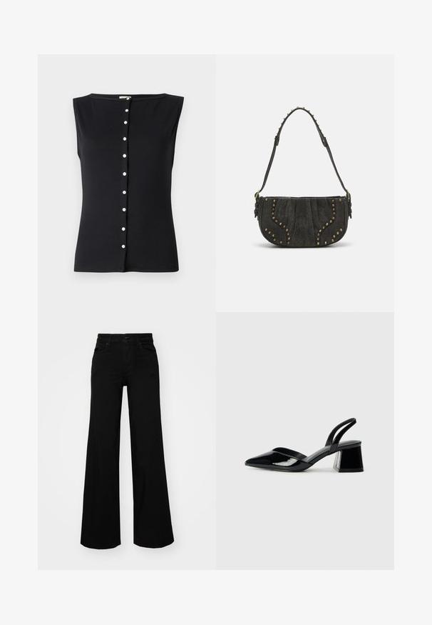 Czarny bezrękawnik wykonany z prążkowanej tkaniny, z okrągłym dekoltem i zapinany na guziki z białymi guzikami na środku.; Czarne szerokie spodnie dżinsowe z usztywnionym pasem, szlufkami na pasek i kieszeniami z przodu. Gładka faktura o klasycznym fasonie.; Czarne lakierowane półbuty na obcasie z wydłużonym noskiem i geometrycznym słupkiem. Charakteryzują się eleganckim, minimalistycznym designem oraz gładką fakturą.; Czarna skórzana torebka z zaokrąglonym kształtem, z elementami nitowymi i teksturowaną powierzchnią. Regulowany pasek z detalami w postaci ćwieków wzdłuż brzegu.