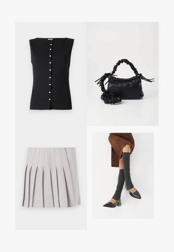 Schwarzes ärmelloses Oberteil aus geripptem Stoff, mit einem runden Halsausschnitt und einer Knopfleiste mit weißen Knöpfen in der Mitte.; Grauer plissierter Rock mit glatter Textur, der mehrere vertikale Falten und eine taillierte Taille aufweist. Hergestellt aus leichtem Stoff.; Schwarze lacklederne spitze Schuhe mit Blockabsatz und Knöchelriemen, kombiniert mit grauen gerippten Beinstulpen und einem braunen Wildlederrock.; Schwarze Handtasche aus Kunstleder mit Krokodilstruktur, gerafftem oberen Teil und einem geschoppten Tragegurt. Sie wirkt weich und kompakt im Design.