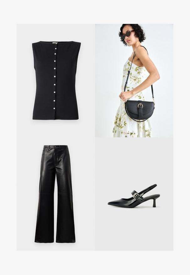 Top sans manches noir en tissu côtelé, avec un col rond et une fermeture à boutons blancs au centre.; Pantalons larges en faux cuir noire taille haute avec bouton avant, fermeture éclair, passants de ceinture et poches latérales sur fond blanc.; Escarpins slingback en cuir verni noir avec un bout pointu et un petit talon bloc, mettant en avant un accent en boucle argentée sur la sangle.; Sac à main en cuir noir avec une forme courbée, bandoulière amovible et des accessoires en or. Le sac est doté d'un rabat avec un détail de boucle.