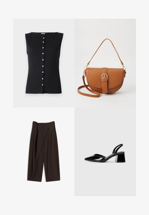 Black sleeveless top made of ribbed fabric, featuring a round neckline and a button-up front with white buttons down the center.; Dark brown wide-leg trousers with a high waist, featuring a single button closure and a pleated front. Made from lightweight fabric.; Black patent leather slingback heels with a pointed toe and a geometric block heel. Features a sleek, minimal design and smooth texture.; Brown leather crossbody bag with a curved shape, gold hardware, and a buckle accent. Features a detachable shoulder strap.