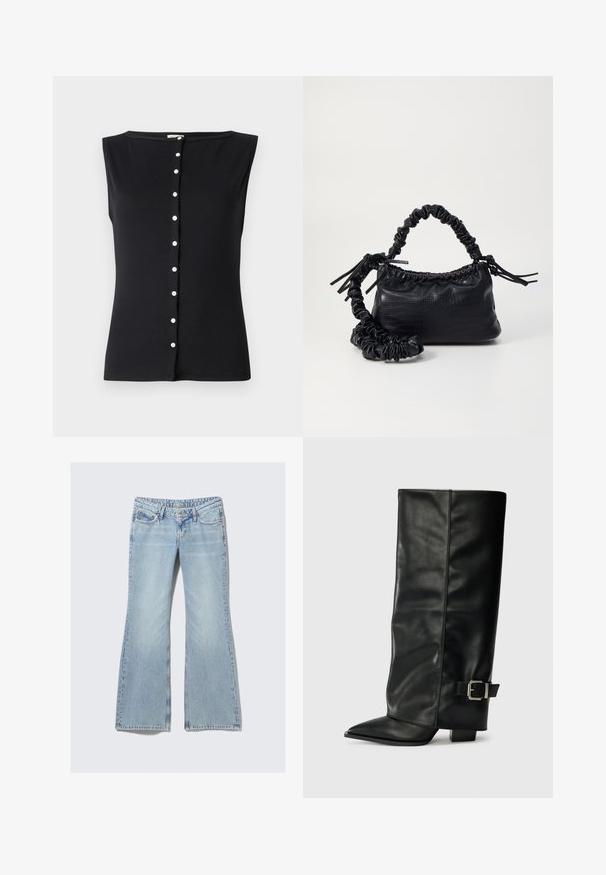 Svart ermeløs topp laget av ribbet stoff, med rund halslinning og knappelukking foran med hvite knapper nedover midten.; Weekday NOVA - Jeans slim fit - lip blue; Svarte lær ankelstøvler med spiss tå, glatt tekstur og en sølvspenne aksent på siden. Kraftig firkantet hæl.; Svart faux skinn-håndveske med krokodilletekstur, strammet topp og en rynket stropp. Ser myk og kompakt ut i designen.