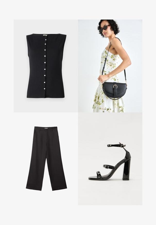 Schwarzes ärmelloses Oberteil aus geripptem Stoff, mit einem runden Halsausschnitt und einer Knopfleiste mit weißen Knöpfen in der Mitte.; Schwarze weite Hosen aus glattem Stoff, mit einem Reißverschluss vorne und zwei seitlichen Taschen, maßgeschneiderter Passform und minimalistischem Design.; Schwarze patentierte Sandalen mit Absatz, quadratischer Spitze, Knöchelriemen und silbernen Schnallen. Mit einem stabilen Blockabsatz für mehr Stabilität.; Schwarze Lederhandtasche mit geschwungener Form, abnehmbarem Tragegurt und goldenen Beschlägen. Die Tasche verfügt über einen Deckel mit einer Schnallen-Details.